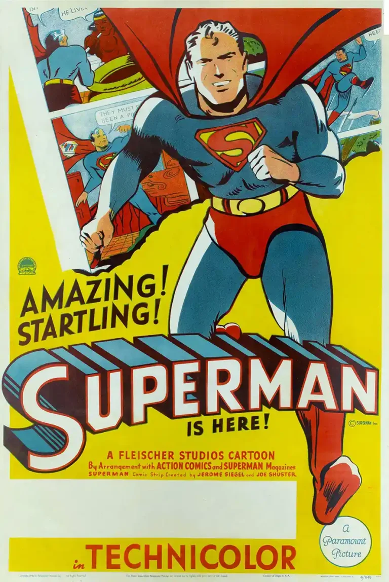 Superman vintage movie poster featuring the hero leaping forward in his iconic costume against a bright yellow background, promoting the 1941 Fleischer Studios cartoon in Technicolor.