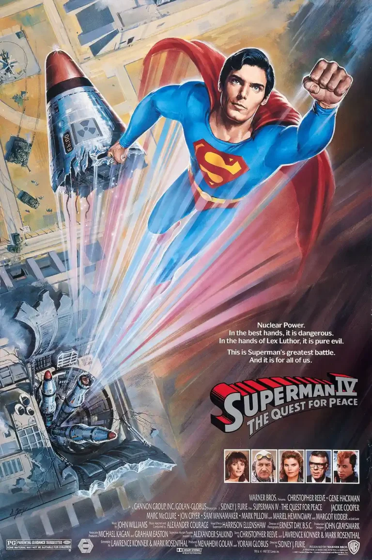 Superman IV: The Quest for Peace movie poster featuring Christopher Reeve flying while clutching a nuclear missile during a dramatic launch scene illustration.