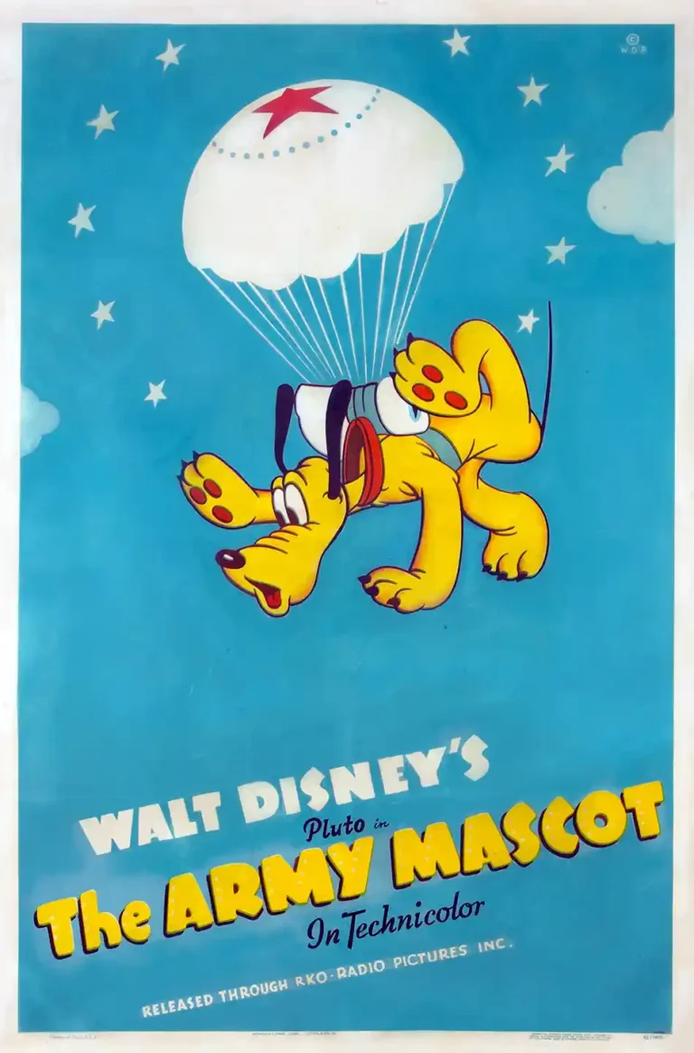 The Army Mascot Disney Movie poster featuring Pluto the dog parachuting with a white chute against a bright blue, starry sky.