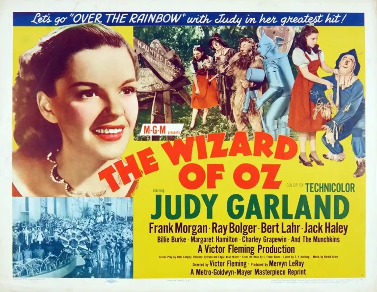 The Wizard of Oz classic 1939 movie poster featuring Judy Garland, the Scarecrow, Tin Man, and Cowardly Lion in vibrant Technicolor.