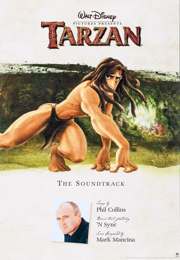 Disney's Tarzan 1999 movie soundtrack poster featuring Tarzan in a powerful, crouched pose with a jungle background, mentioning Phil Collins and 'N Sync.