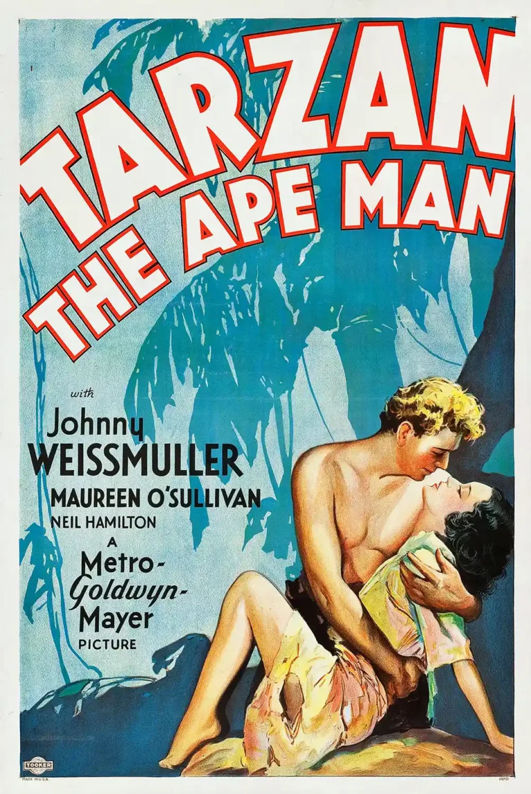 Tarzan the Ape Man (1932) Movie poster featuring Johnny Weissmuller embracing Jane (Maureen O'Sullivan) against a vivid jungle backdrop.