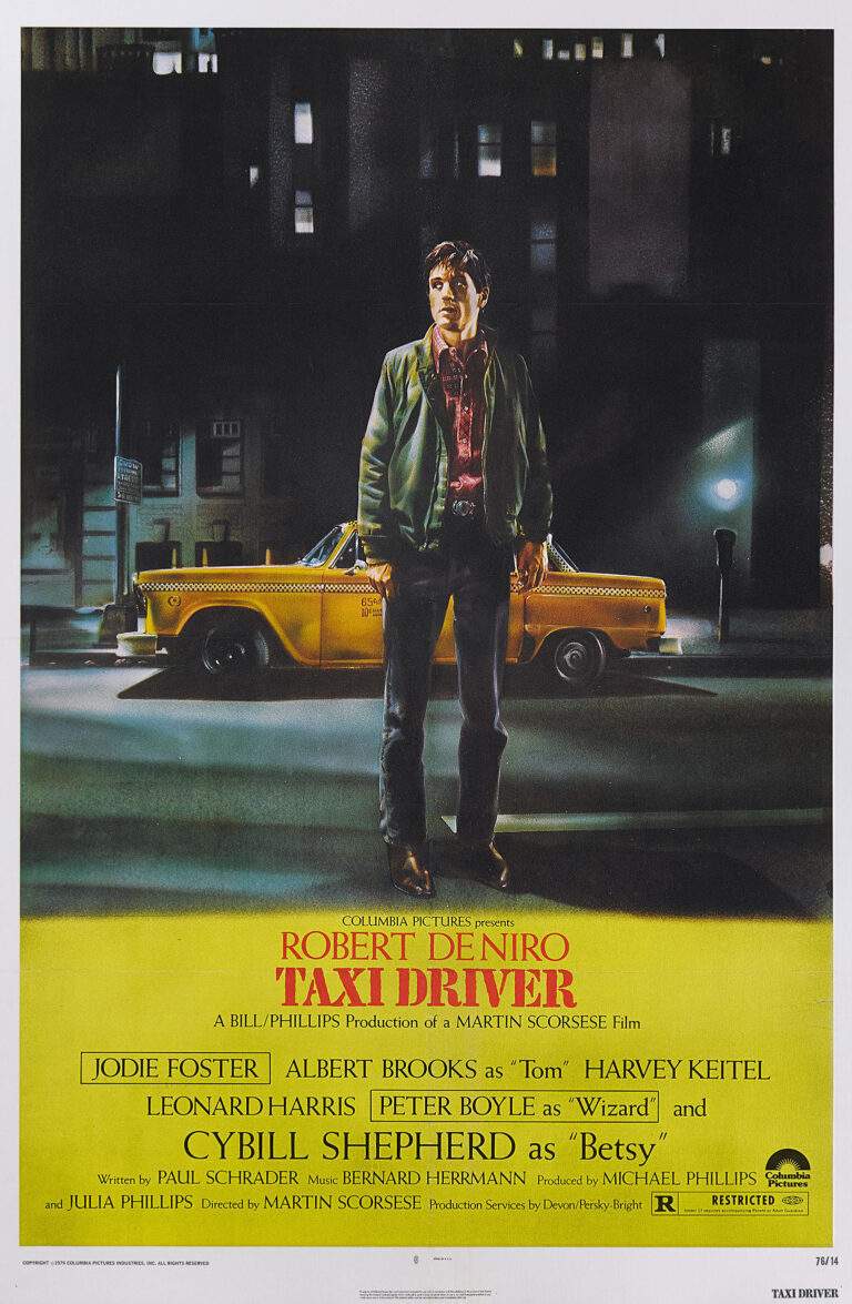 Taxi Driver classic movie poster featuring Robert De Niro as Travis Bickle standing alone in a dark street lit by the yellow taxi cab.