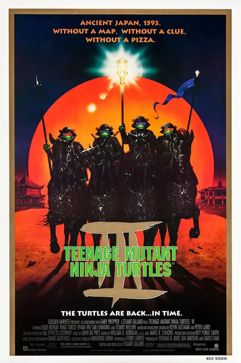 Teenage Mutant Ninja Turtles III Movie poster featuring Leonardo, Donatello, and the team riding horses in 16th Century Japan silhouette against a huge red sun.
