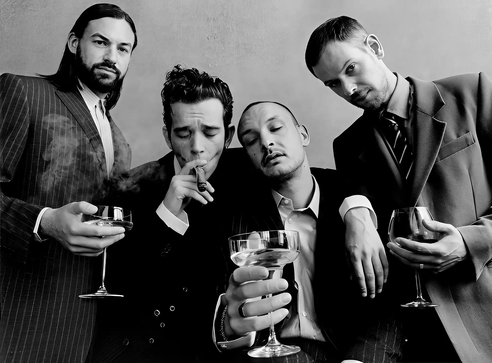 The 1975 print — high-contrast black and white photography portrait of Matty Healy, The 1975 black and white wall art and bar cart art, museum quality Matty Healy poster