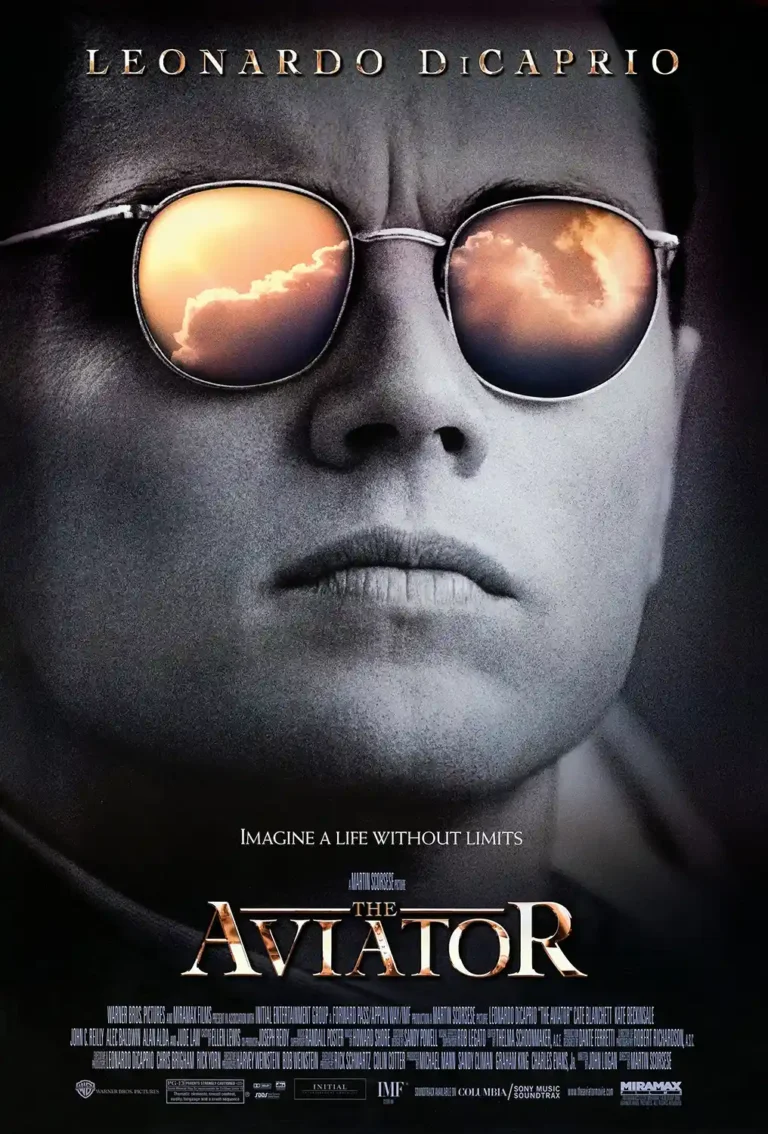 The Aviator Movie Poster featuring a close-up of Leonardo DiCaprio as Howard Hughes in reflective sunglasses showing dramatic clouds.