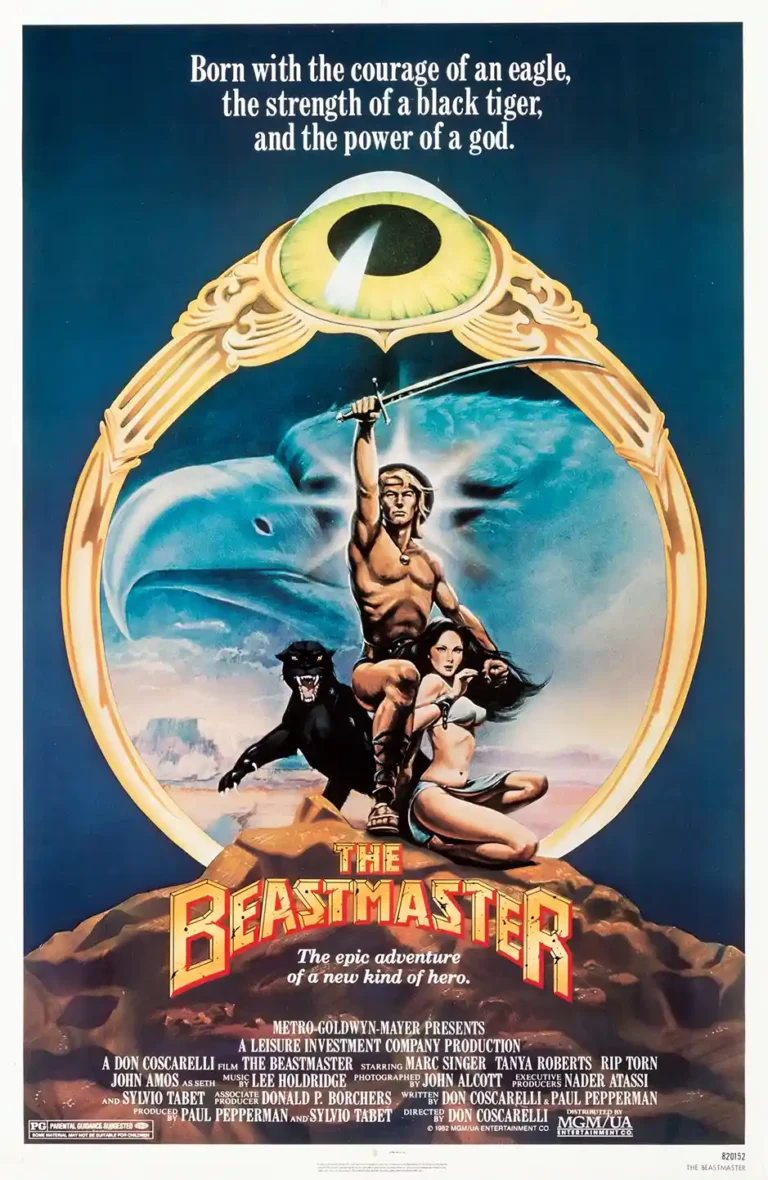 The Beastmaster 1982 movie poster featuring Dar, Kodo the black panther, and Tanya Roberts, framed by a mystical golden amulet and eagle.