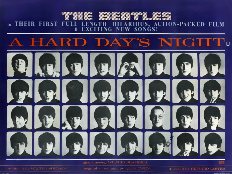 The Beatles A Hard Day's Night Movie poster featuring a grid of 30 black-and-white portraits of the band members, highlighting the 1964 film's iconic promotional art.