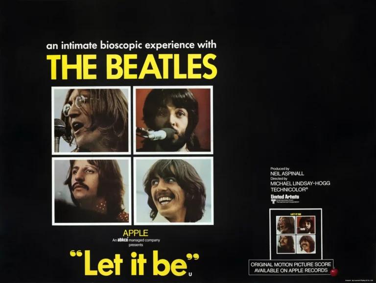 The Beatles Music and Movie poster for the 1970 film Let It Be, featuring four separate portrait photos of John, Paul, George, and Ringo on a black background.