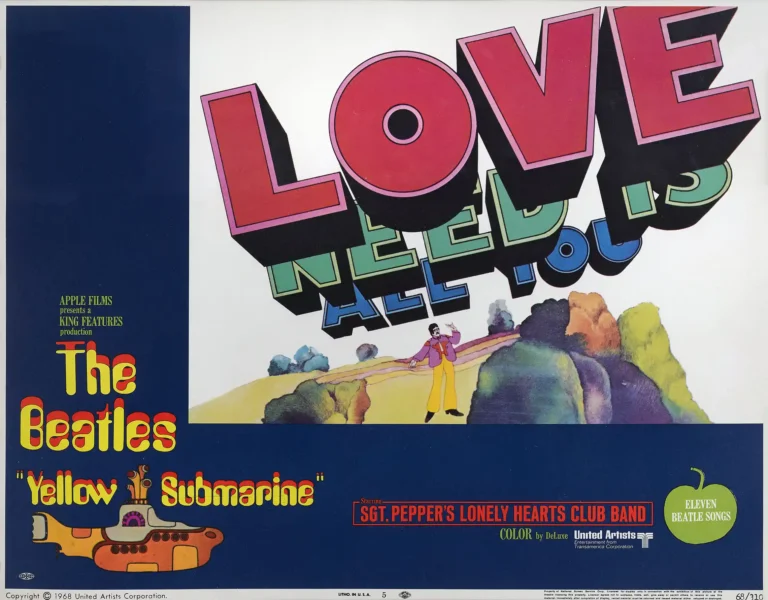 The Beatles Yellow Submarine Movie poster featuring large, psychedelic 3D typography spelling 'Love All You Need Is' above the iconic yellow submarine.