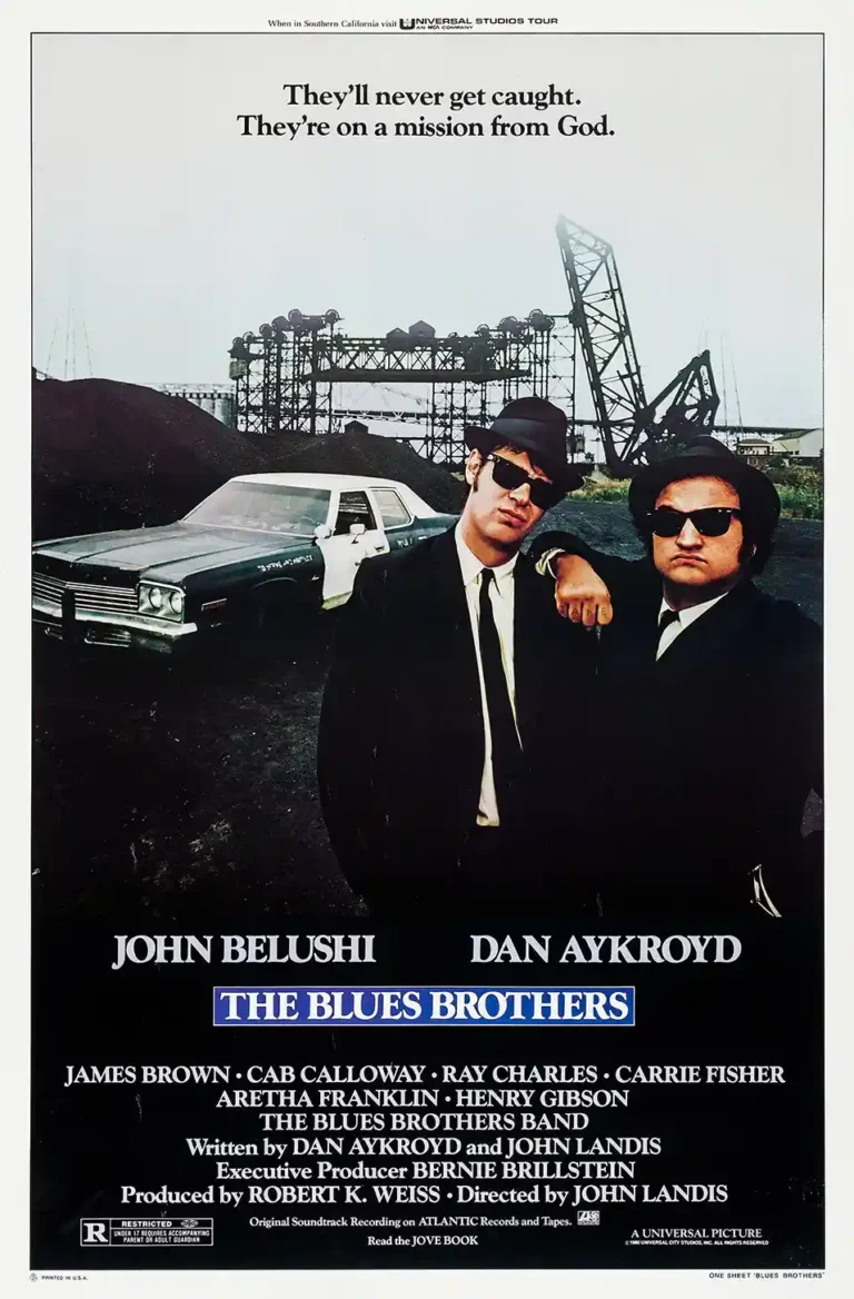 The Blues Brothers Movie poster featuring Jake (John Belushi) and Elwood (Dan Aykroyd) in black suits next to the Bluesmobile police car.