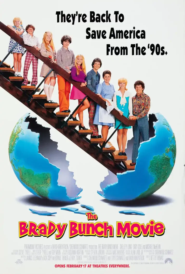 The Brady Bunch Movie comedy poster featuring the Brady family climbing down a staircase from a cracked Earth, emphasizing the clash of eras.