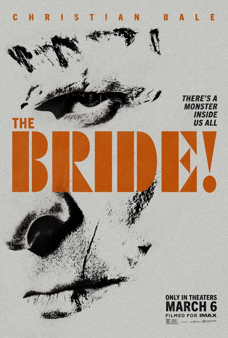 The Bride movie poster featuring abstract, distressed close-up of a face, bold orange title typography, and a grainy texture.
