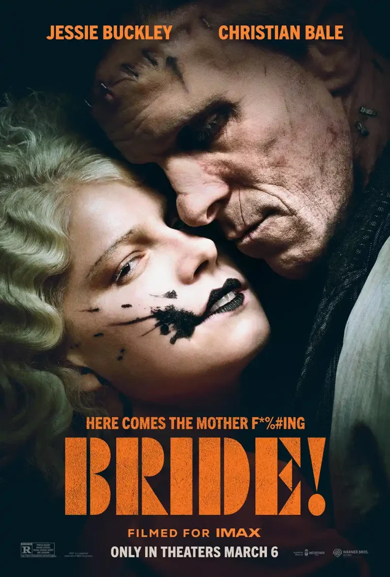 The Bride 2026 horror movie poster featuring a dark, dramatic close-up of Christian Bale's Frankenstein Monster and Jessie Buckley as the Bride.