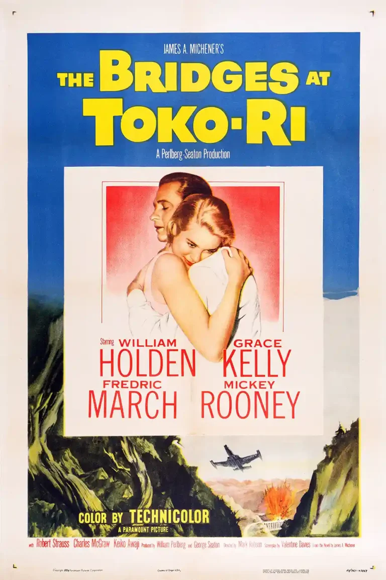 The Bridges at Toko-Ri classic movie poster featuring William Holden and Grace Kelly embracing above a military jet explosion scene.