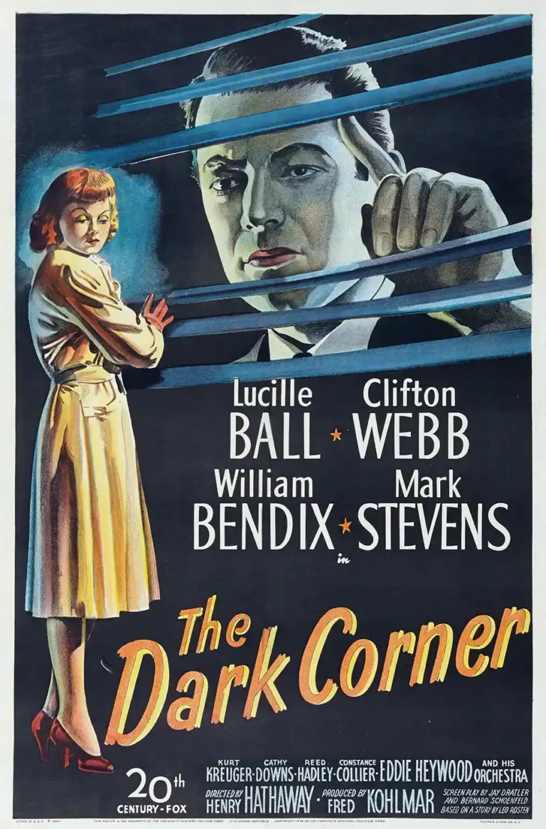 The Dark Corner Film Noir movie poster featuring Mark Stevens peering through blinds and Lucille Ball in a dramatic vintage illustration.