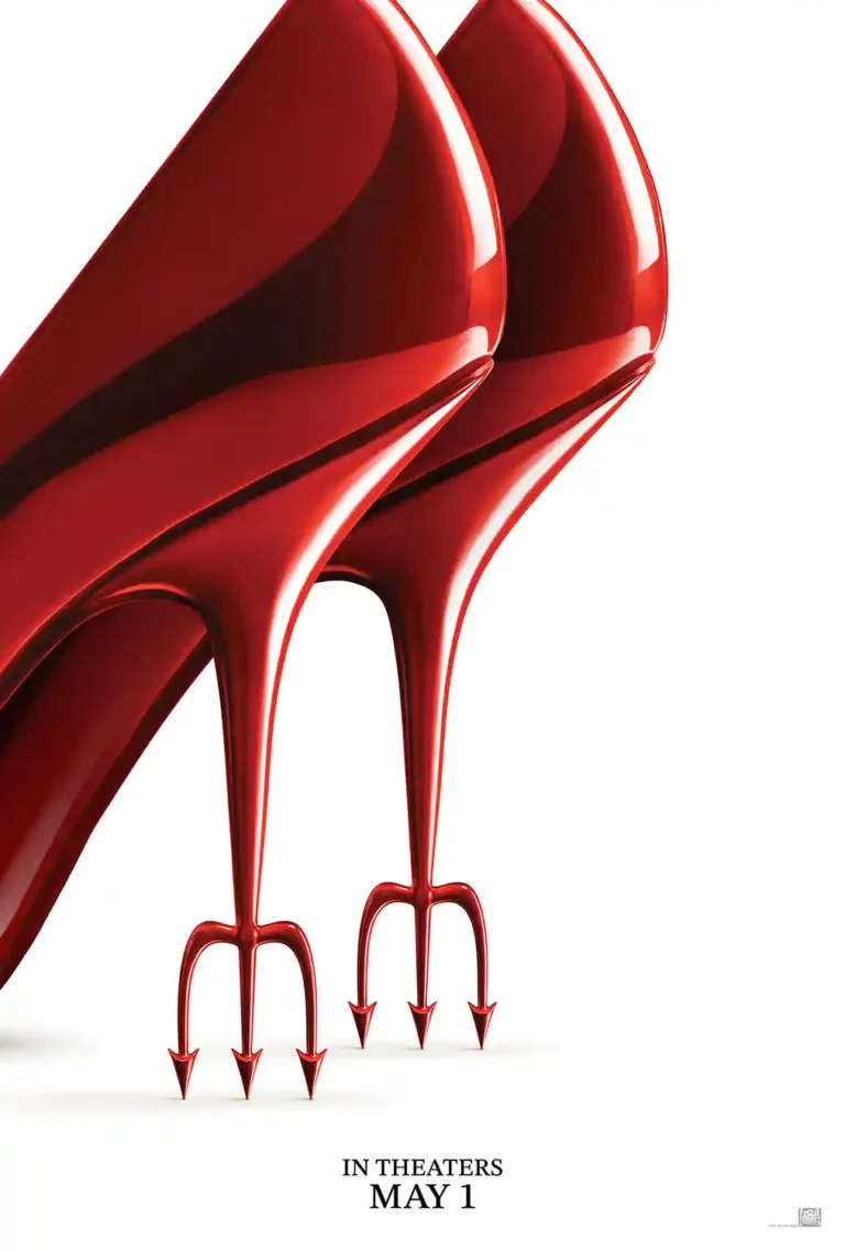 The Devil Wears Prada Movie poster featuring glossy red high-heeled shoes with devil pitchfork heels on a stark white background.