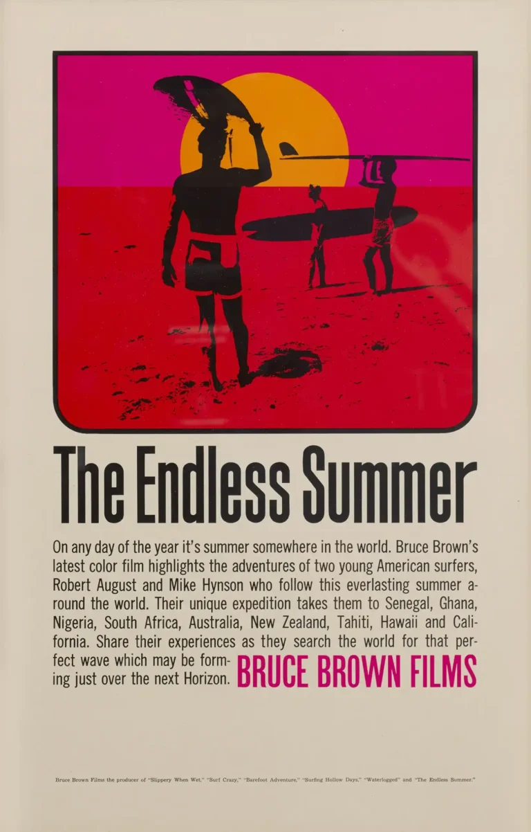 The Endless Summer Movie poster featuring two black surfer silhouettes carrying surfboards against a vibrant pop art sunset in hot pink and red.