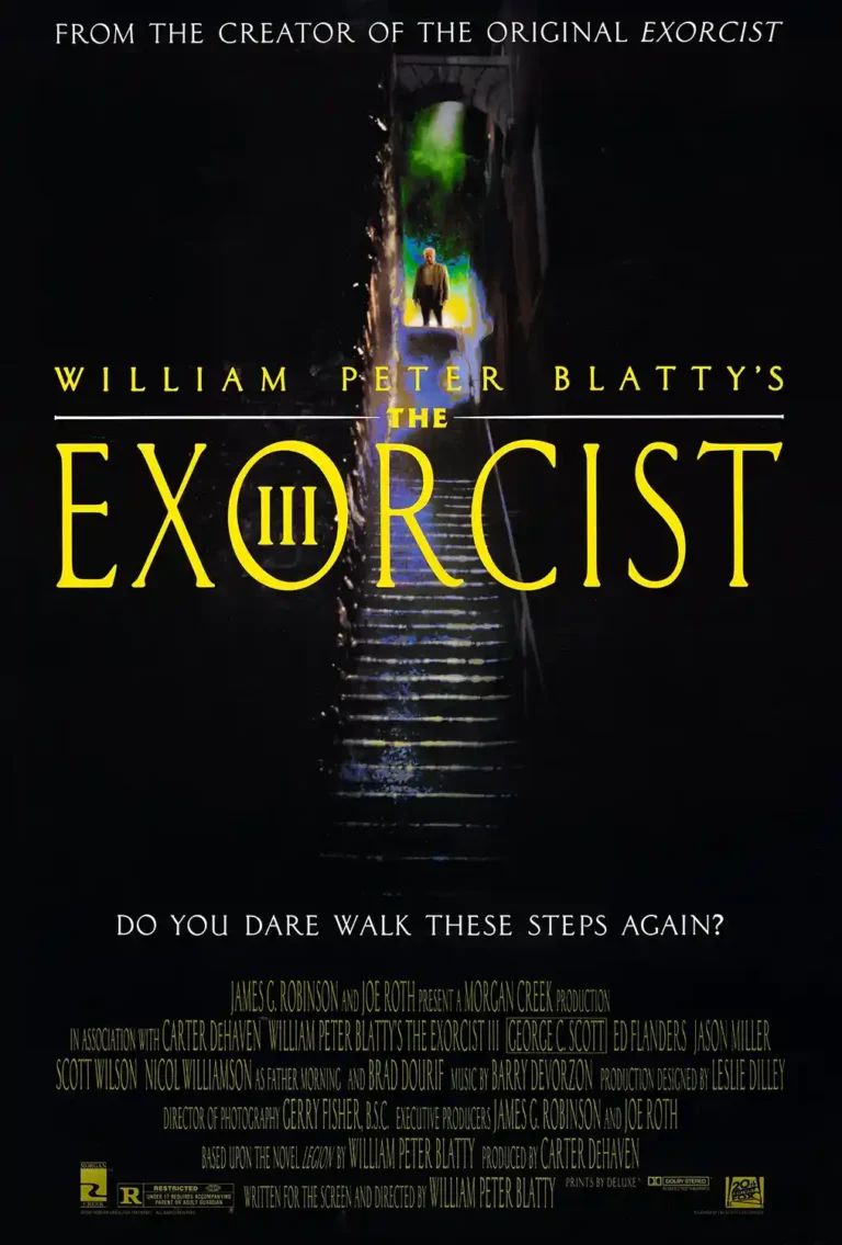 The Exorcist III Horror movie poster featuring a dark, ominous staircase leading up to a mysterious figure in a narrow, green-lit hallway.