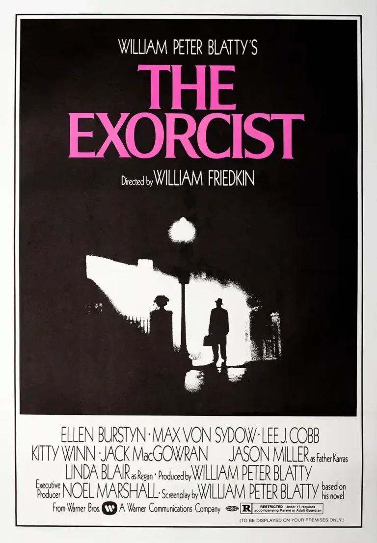 The Exorcist Movie poster featuring the stark silhouette of Father Merrin arriving under a bright streetlamp against a dark, foggy background.