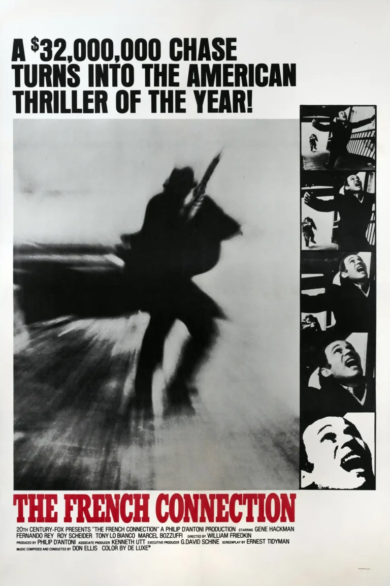 The French Connection Movie poster featuring a blurred silhouette of a running figure, Popeye Doyle, with stark black and white imagery.