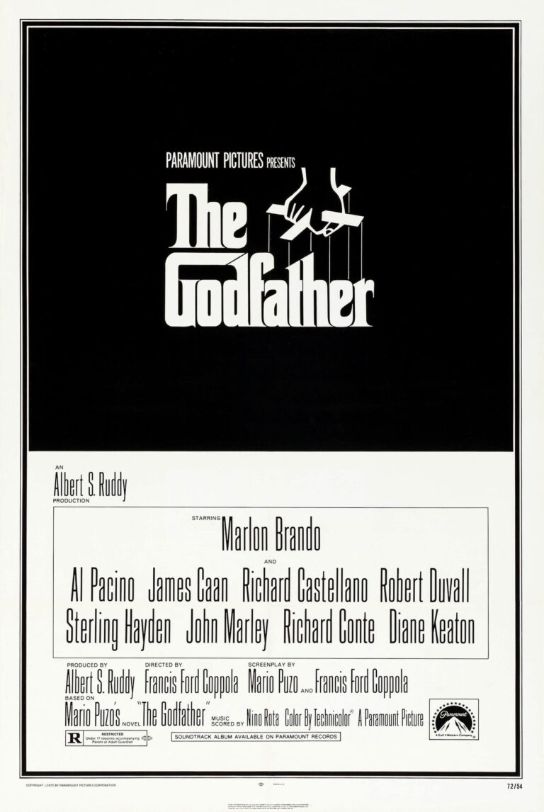 The Godfather 1972 Movie poster featuring the iconic black and white puppet strings logo and classic cast typography for the film.