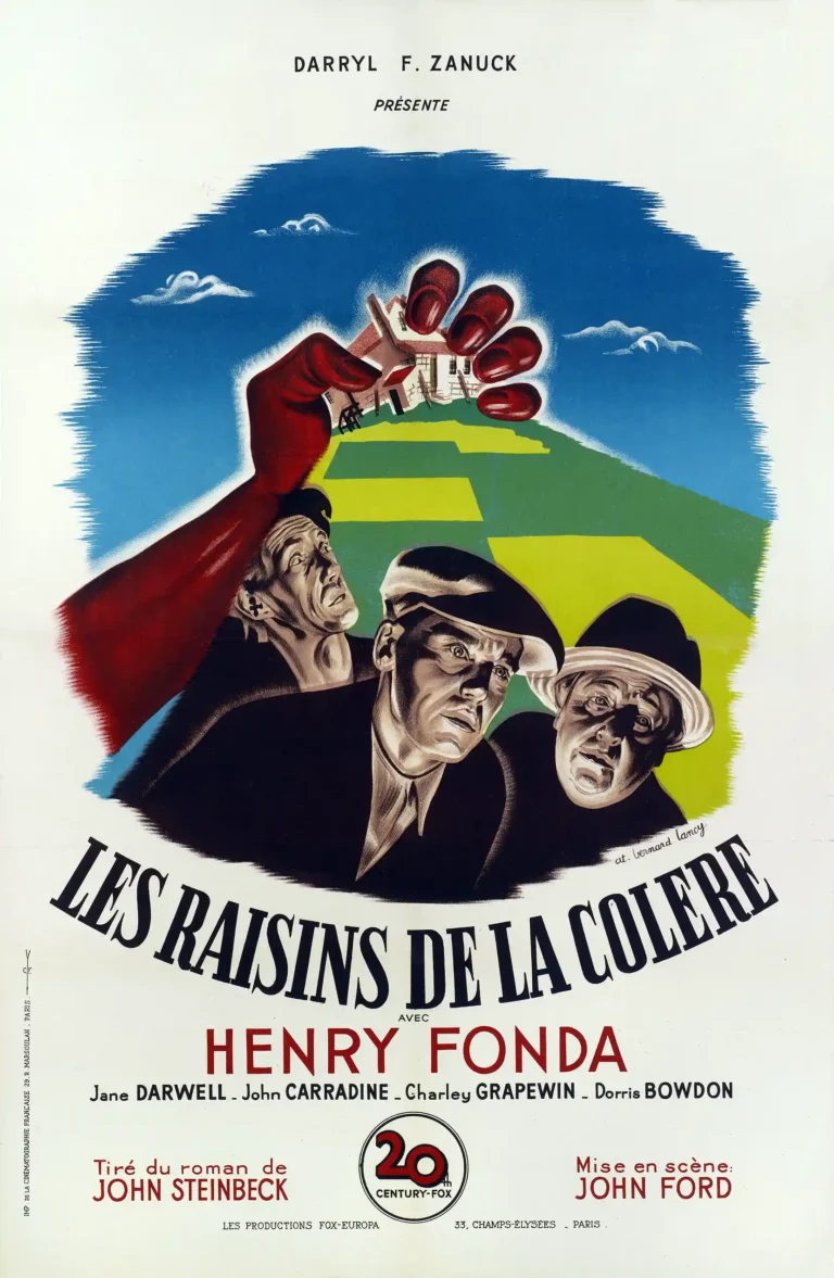 The Grapes of Wrath Movie poster, French edition, featuring Henry Fonda beneath a giant red hand crushing a small farmhouse.