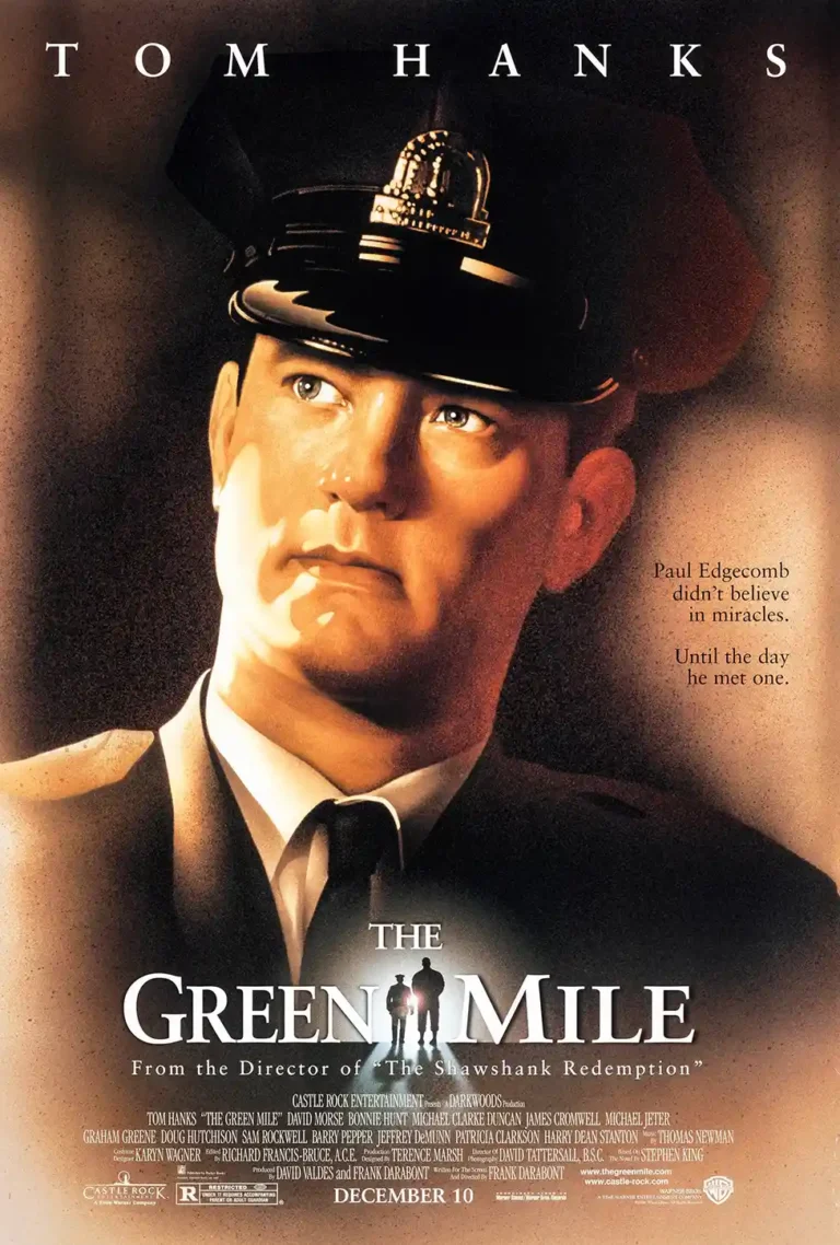The Green Mile movie poster featuring a dramatic portrait of Tom Hanks as Paul Edgecomb in a correctional officer uniform.