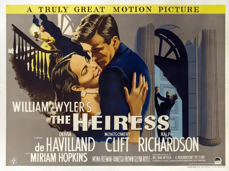 The Heiress (1949) vintage movie poster featuring Olivia de Havilland and Montgomery Clift in a dramatic romantic embrace with period lighting.
