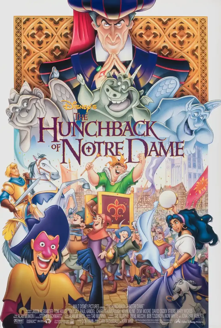 The Hunchback of Notre Dame Disney Movie poster featuring Quasimodo, Esmeralda, Judge Frollo, and the three friendly gargoyles.