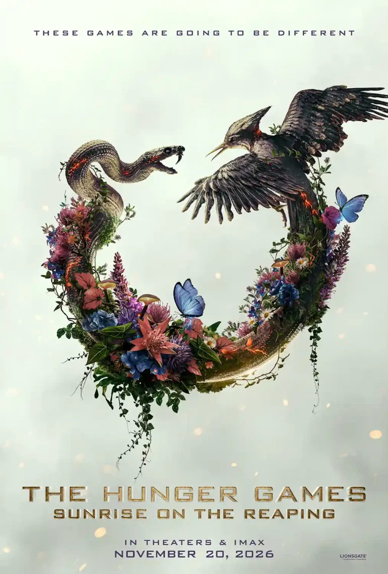 The Hunger Games: Sunrise on the Reaping Movie poster featuring a detailed floral wreath surrounding a menacing snake and a soaring dark bird.