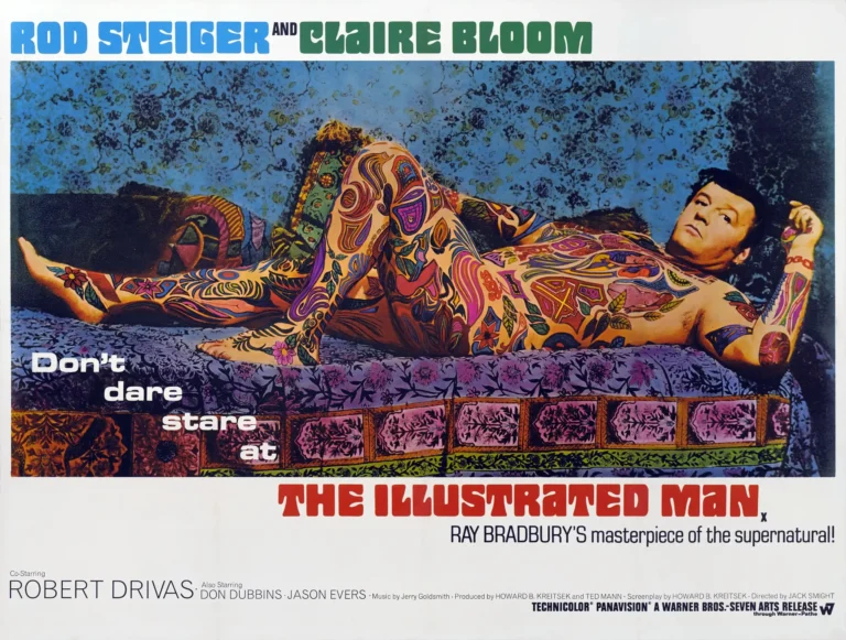The Illustrated Man 1969 movie poster featuring Rod Steiger covered head-to-toe in brightly colored psychedelic tattoos lying on a bed.