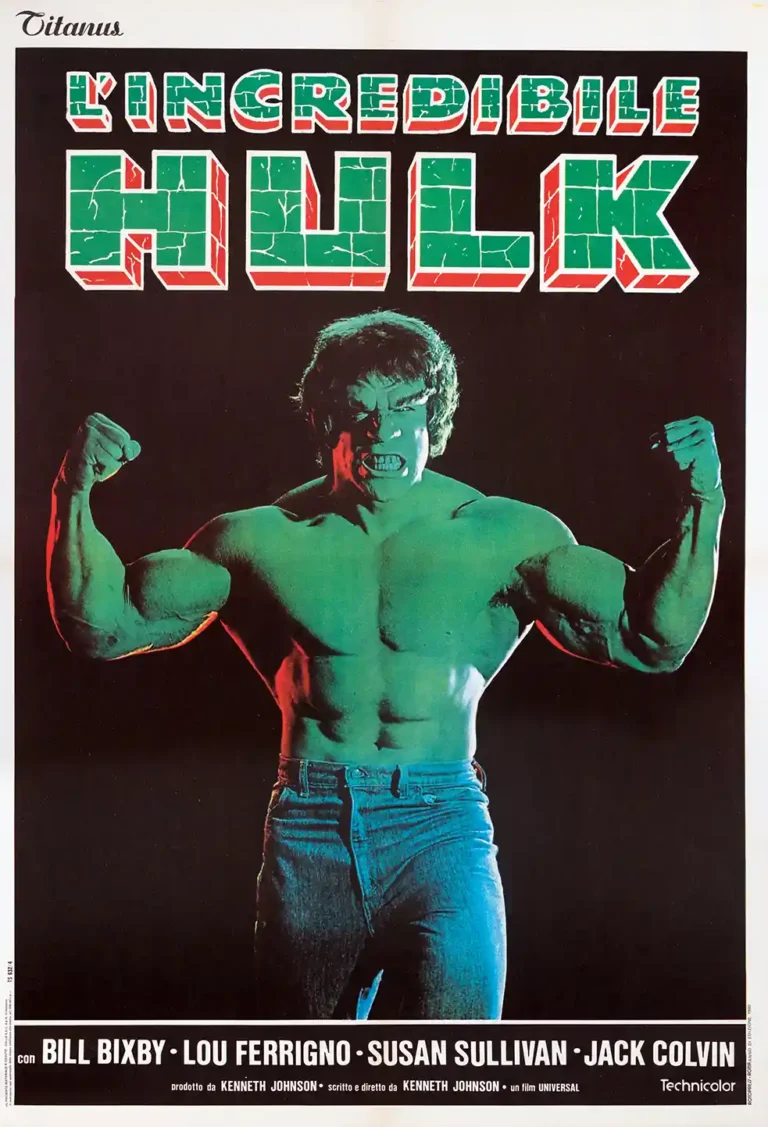 The Incredible Hulk 1977 TV Show poster featuring Lou Ferrigno flexing strongly against a black background with retro Italian title typography.