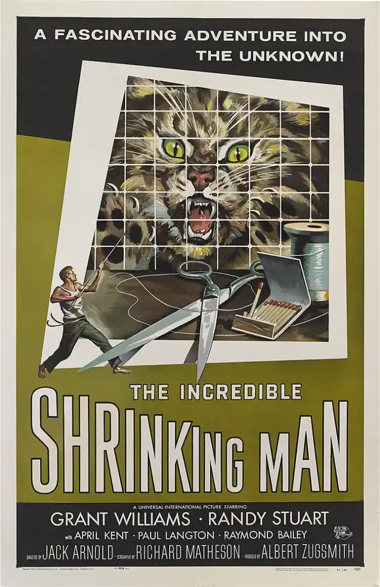 The Incredible Shrinking Man (1957) Movie poster featuring a tiny man fighting a massive, snarling house cat with huge scissors and thread spool.