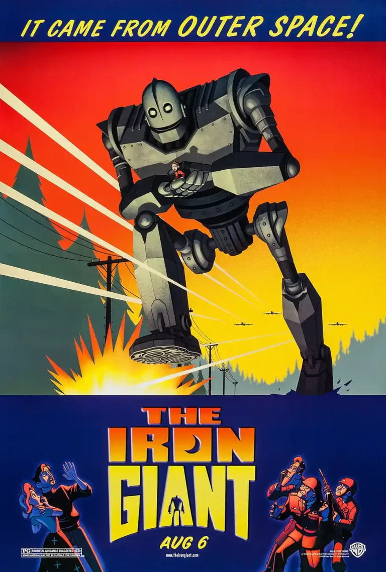 The Iron Giant animated movie poster featuring the massive robot cradling Hogarth against a dramatic, retro 1950s sci-fi background.