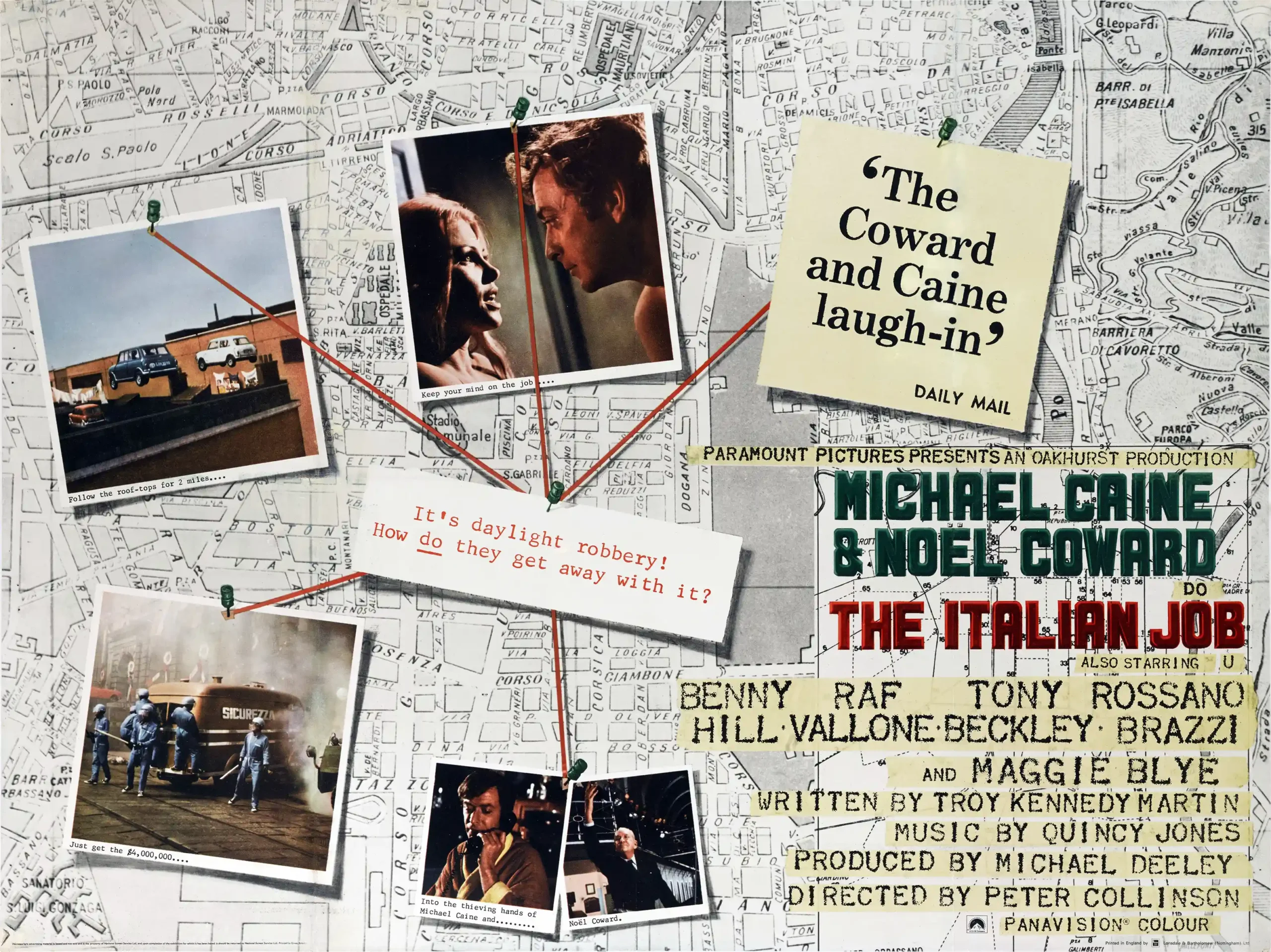 The Italian Job | Movie Poster | Michael Caine Vintage Heist Map Art