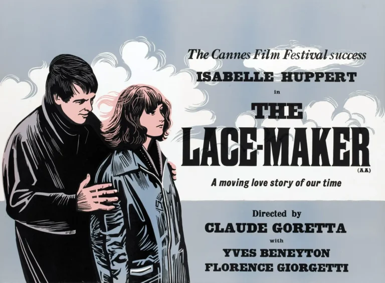 The Lacemaker (1977) movie poster featuring an illustrated portrait of Isabelle Huppert embraced by a man, in a vintage graphic style with clouds.