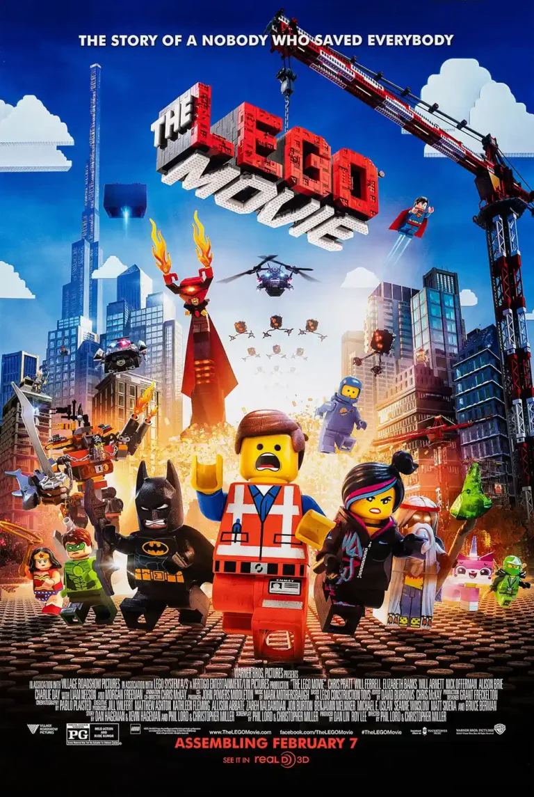 The Lego Movie official theatrical poster featuring the main characters Emmet, Wyldstyle, Batman, and Unikitty in a dynamic, brick-built cityscape.