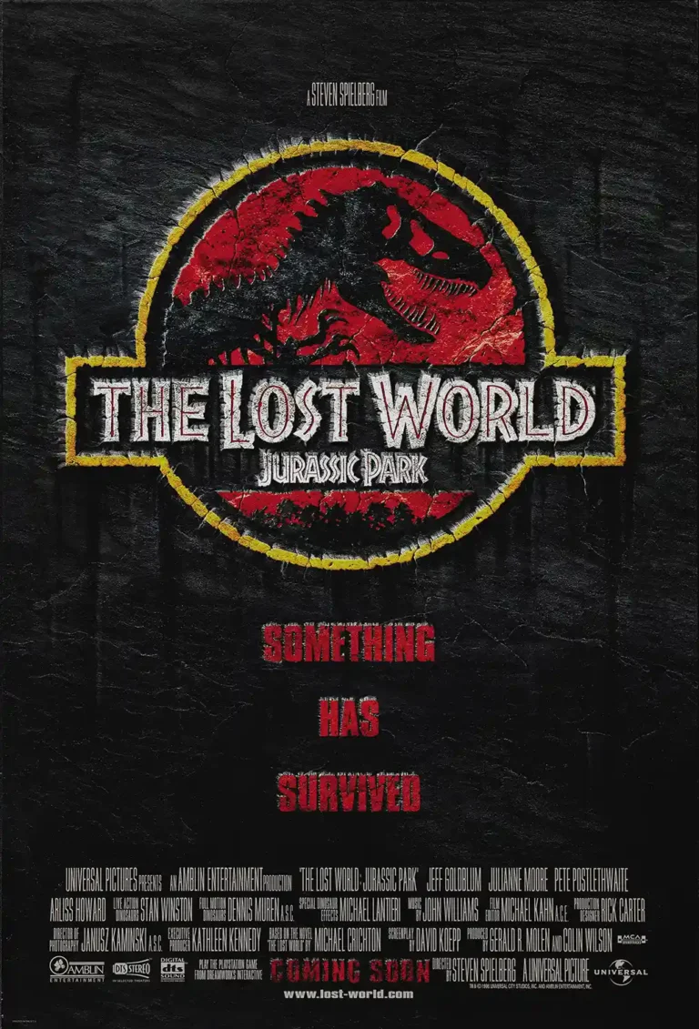 The Lost World: Jurassic Park Movie poster featuring the distressed, weathered T-Rex skeleton logo in red and yellow on a black background.