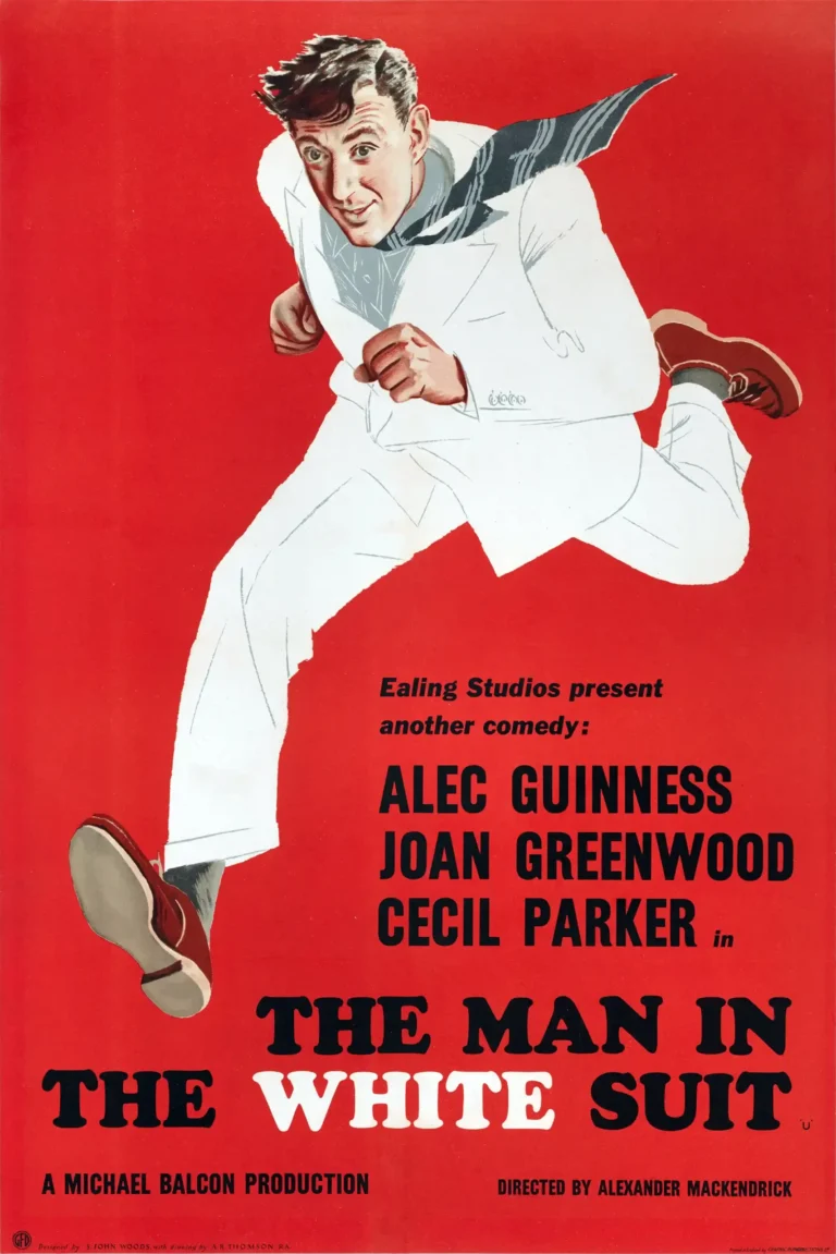 The Man in the White Suit Movie poster featuring Alec Guinness running in a white suit against a striking red background.