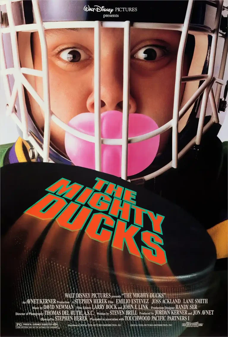 The Mighty Ducks Movie poster featuring a close-up of a hockey player in a helmet with a large bright pink bubble gum bubble. Classic 90s film art.