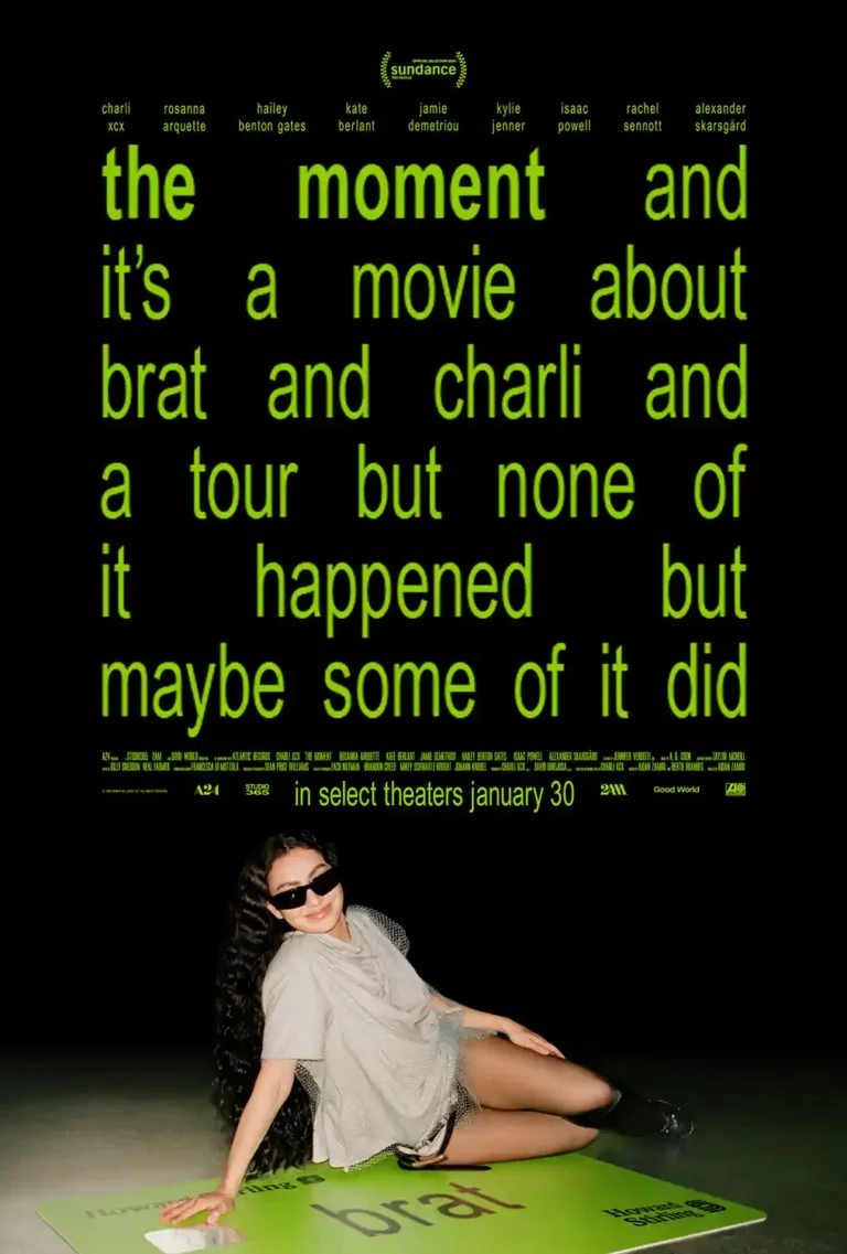 The Moment Movie poster featuring Charli XCX lying on a green 'brat' logo, beneath huge neon green typography on a black background.