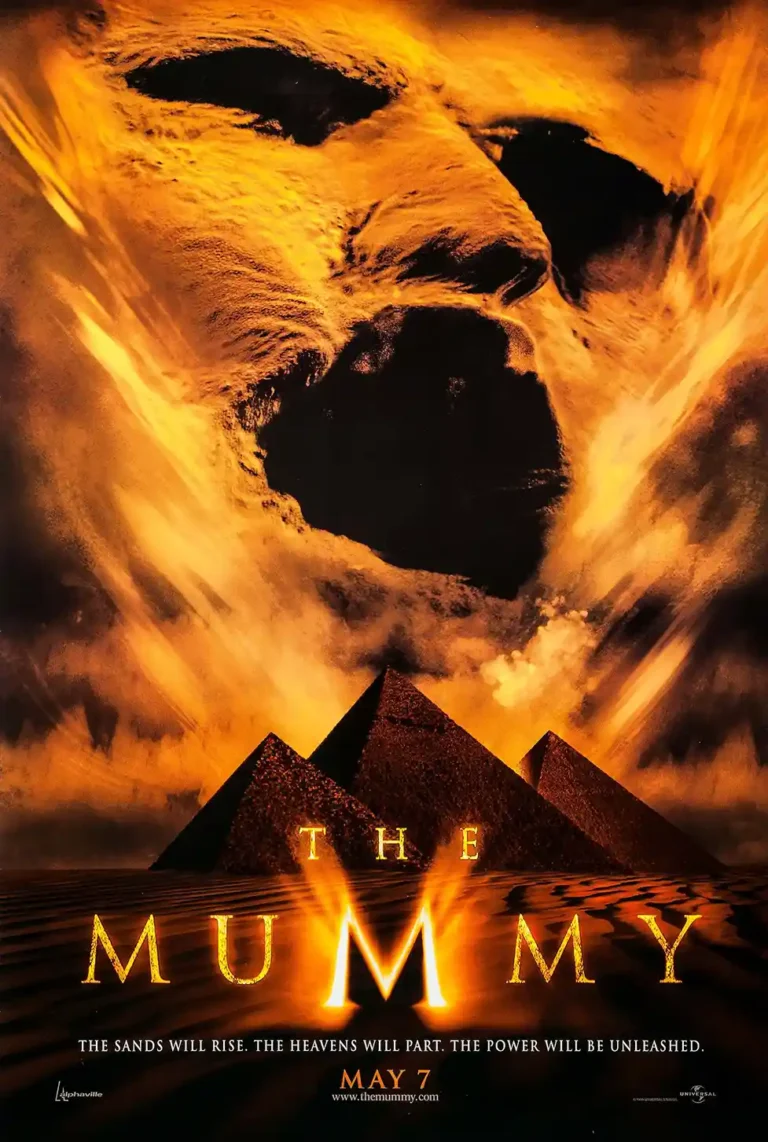 The Mummy 1999 Movie poster featuring the giant, terrifying sand face of Imhotep looming over the Egyptian pyramids in an intense orange and black desert storm.