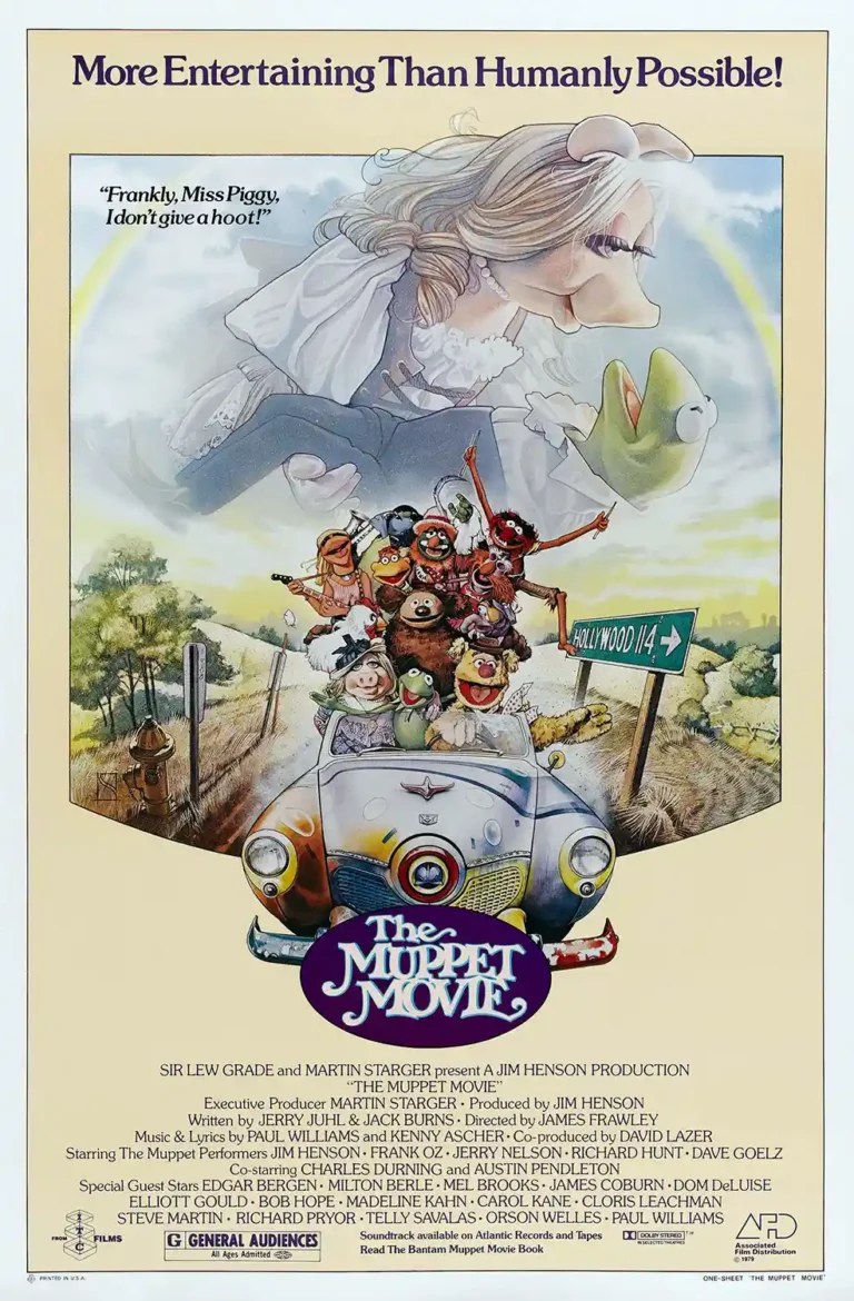 The Muppet Movie 1979 original film poster featuring Kermit the Frog, Miss Piggy, and the Muppet crew driving toward Hollywood in a small car.