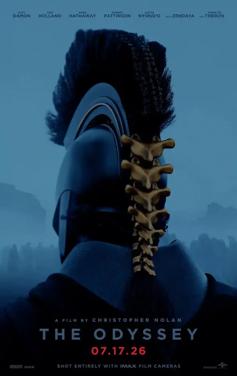The Odyssey (2026) Movie poster featuring a figure in dark, futuristic armor with a prominent golden vertebral column on the helmet, directed by Christopher Nolan.