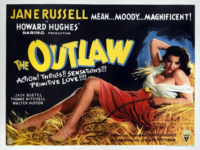 The Outlaw 1951 British movie poster featuring a reclining Jane Russell in a seductive pose in hay, with bold yellow typography.