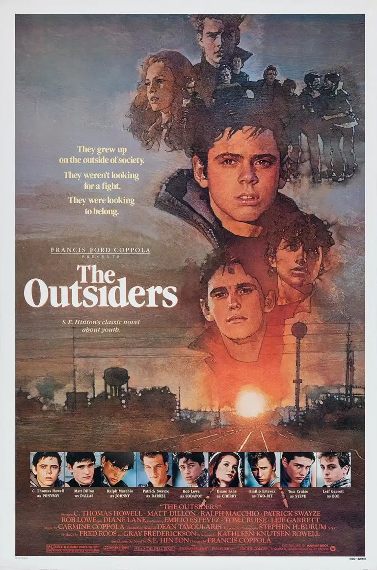 The Outsiders 1983 Movie poster featuring the classic Greasers cast collage (Howell, Dillon, Cruise) with a dramatic sunset background.
