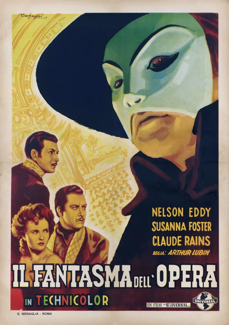 The Phantom of the Opera (1943) Italian movie poster featuring a large, dramatic depiction of the green-masked Phantom looming over the cast.