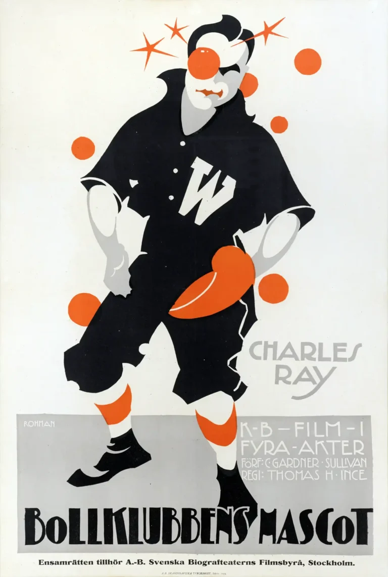 The Pinch Hitter (Bollklubbens Mascot) Movie poster featuring an expressive baseball mascot figure in black and orange Art Deco style by Rohman.