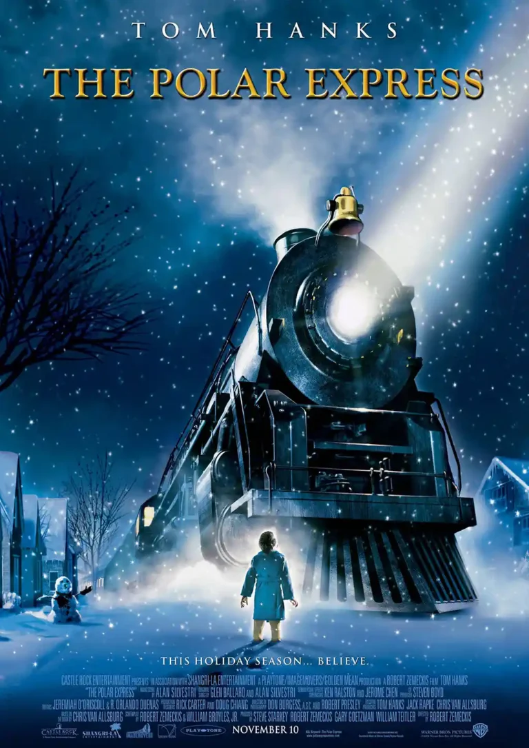 The Polar Express 2004 Movie poster featuring the iconic steam train headlight approaching a boy in a snowy village scene. Classic holiday film art.